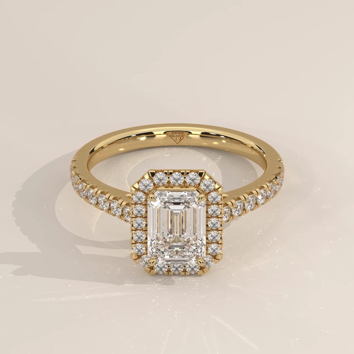 Three-Quarter View: Emerald Cut Diamond Engagement Ring with Halo Setting in Yellow Gold – Lab Grown – Driona Jewels