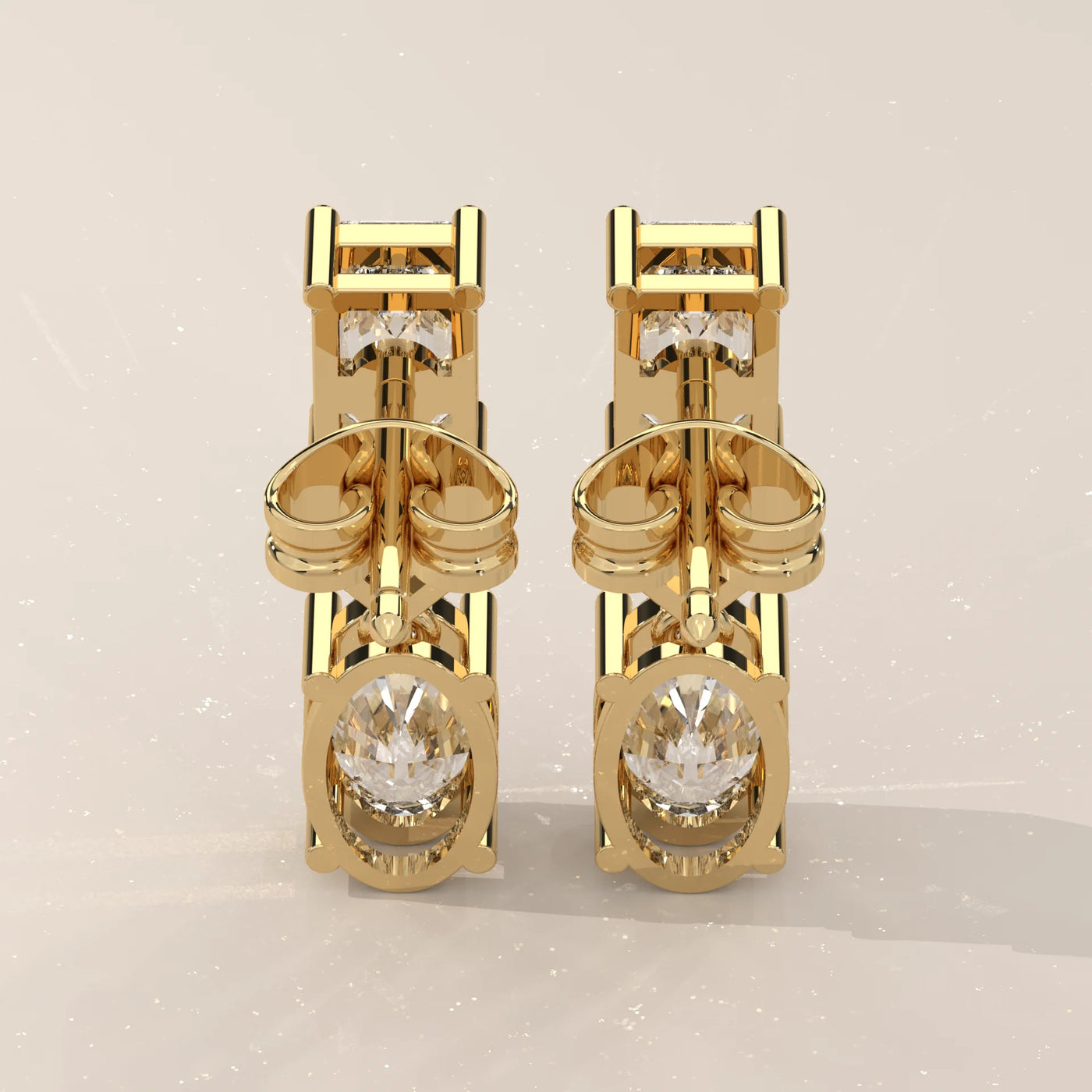 Back View: Emerald Cut Diamond Drop Earrings with Prong Setting in Yellow Gold – Lab Grown – Driona Jewels