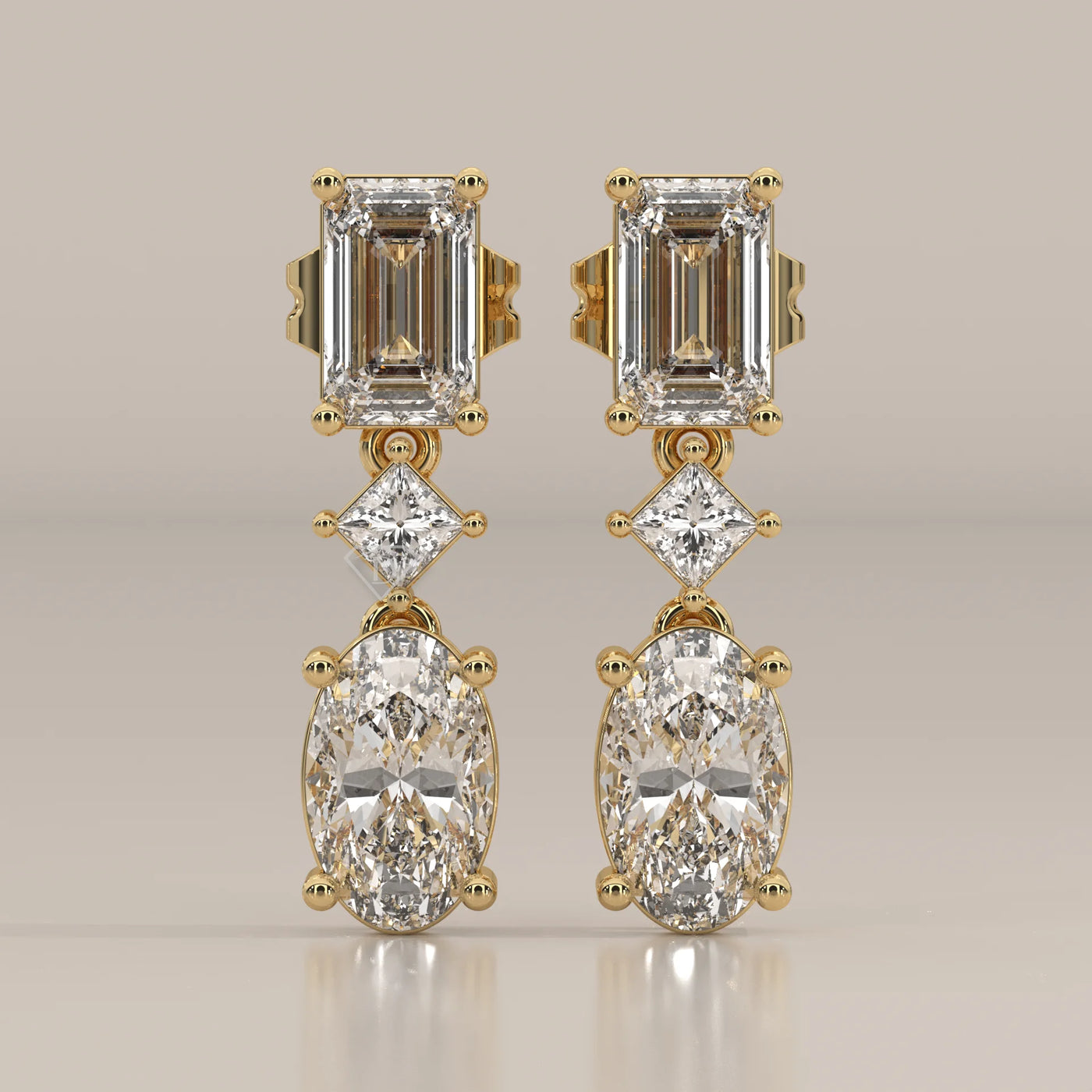 Front View: Emerald Cut Diamond Drop Earrings with Prong Setting in Yellow Gold – Lab Grown – Driona Jewels