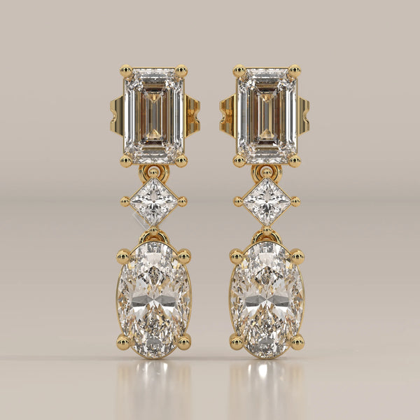 Front View: Emerald Cut Diamond Drop Earrings with Prong Setting in Yellow Gold – Lab Grown – Driona Jewels