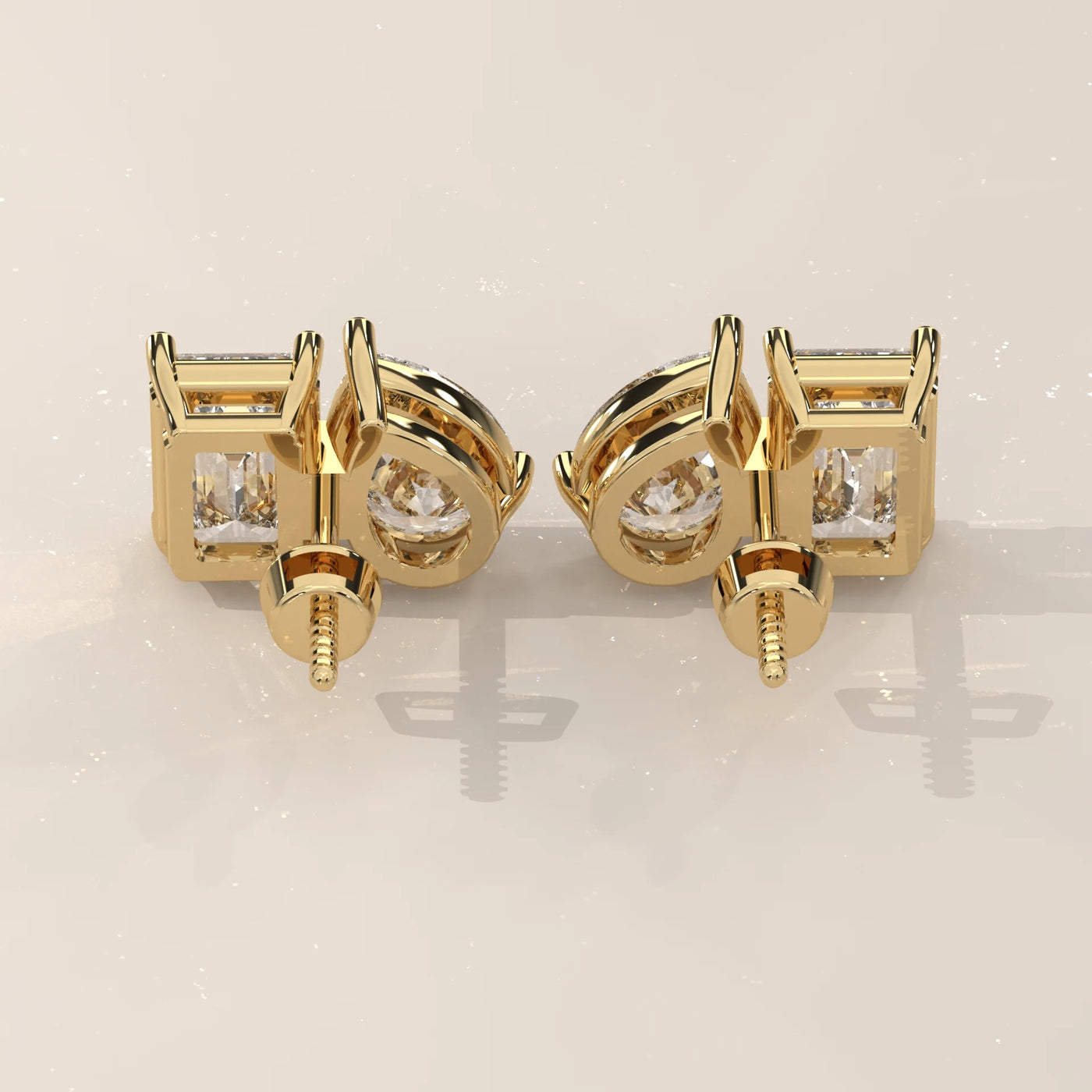 Back View: Emerald Cut Diamond Stud Earrings with Prong Setting in Yellow Gold – Lab Grown – Driona Jewels