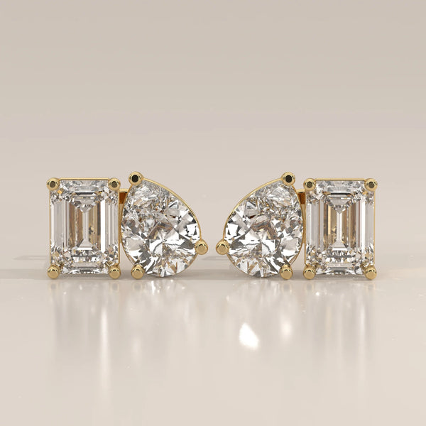 Front View: Emerald Cut Diamond Stud Earrings with Prong Setting in Yellow Gold – Lab Grown – Driona Jewels