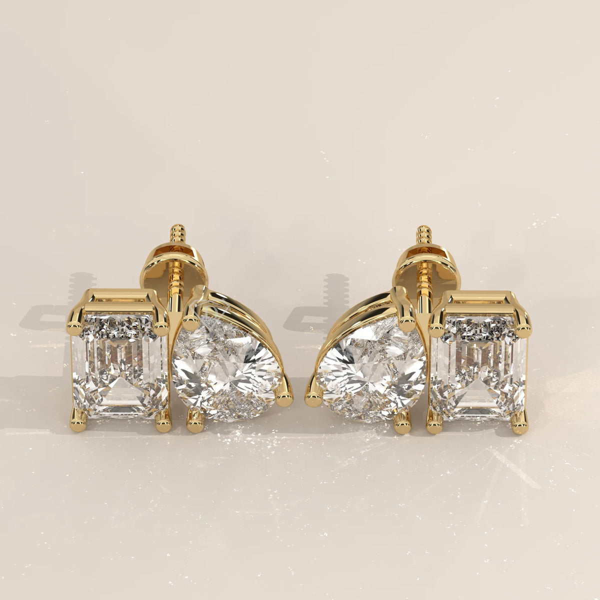 Pair Front View: Emerald Cut Diamond Stud Earrings with Prong Setting in Yellow Gold – Lab Grown – Driona Jewels