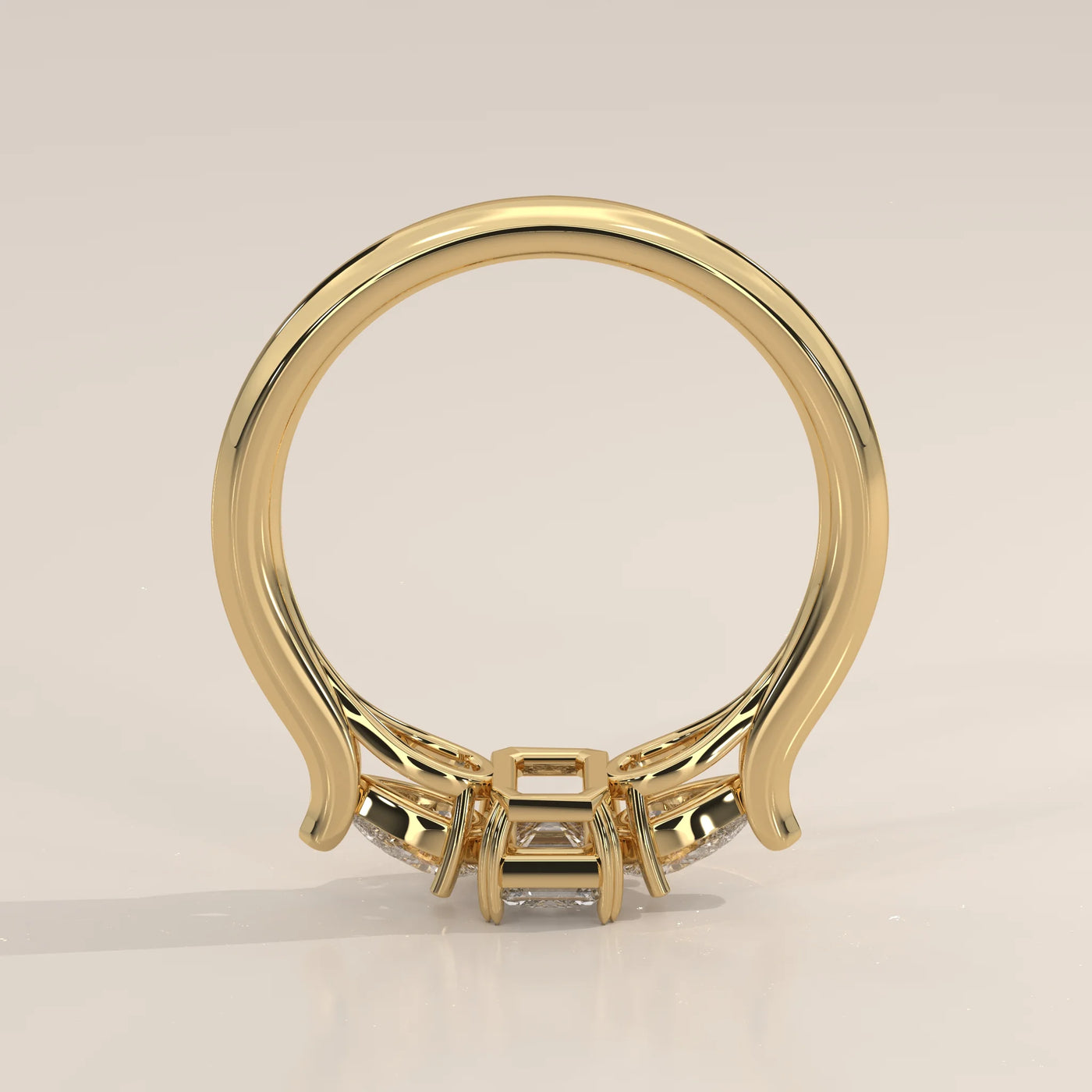 Front View: Emerald Cut Diamond Ring with Three-Stone Setting in Yellow Gold – Lab Grown – Driona Jewels