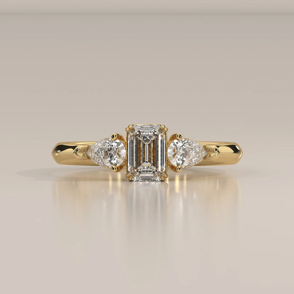 Side Profile: Emerald Cut Diamond Ring with Three-Stone Setting in Yellow Gold – Lab Grown – Driona Jewels