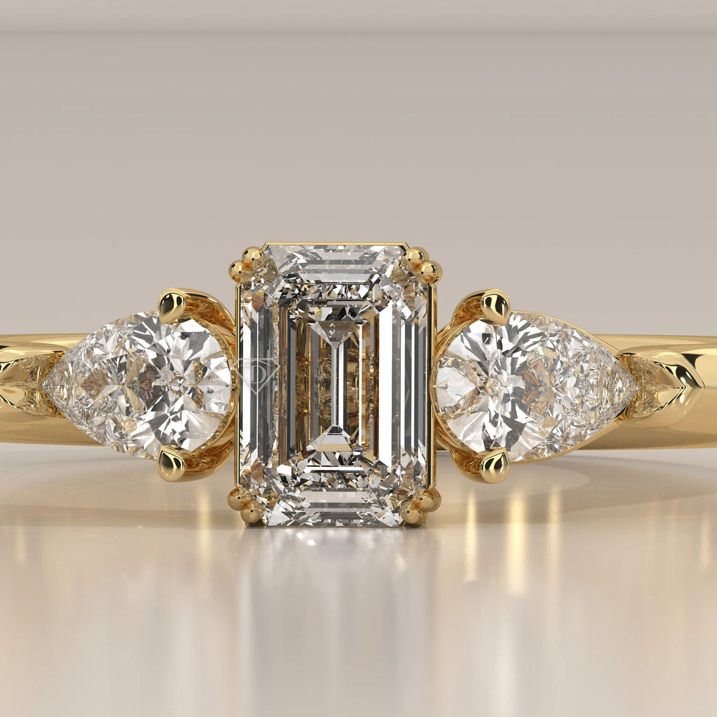 Stone Detail: Emerald Cut Lab Grown Diamonds in Three-Stone Setting – Yellow Gold – Driona Jewels