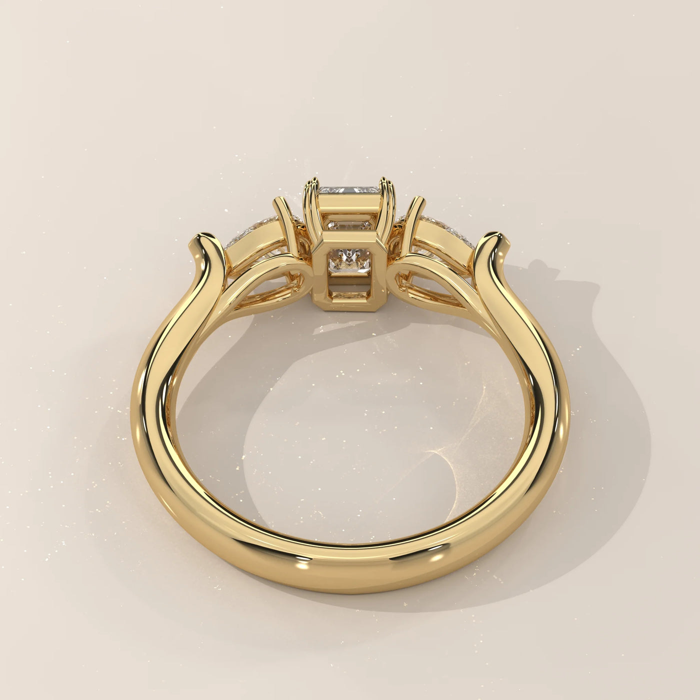 Top View: Emerald Cut Diamond Ring with Three-Stone Setting in Yellow Gold – Lab Grown – Driona Jewels