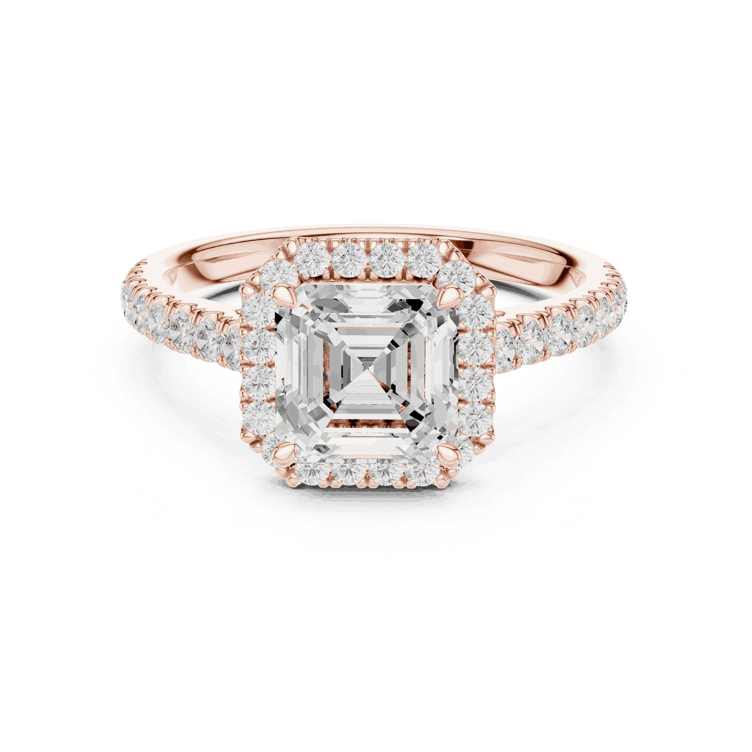 Front View: Asscher Cut Diamond Halo Engagement Ring with Pavé Band in 18K Rose Gold – Lab Grown – Driona Jewels