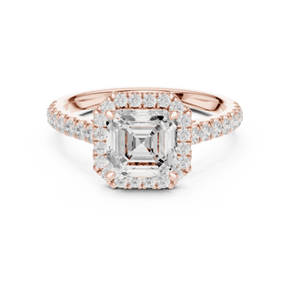 Front View: Asscher Cut Diamond Halo Engagement Ring with Pavé Band in 18K Rose Gold – Lab Grown – Driona Jewels