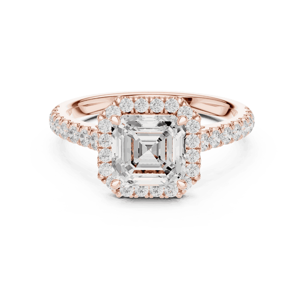 Front View: Asscher Cut Diamond Halo Engagement Ring with Pavé Band in 18K Rose Gold – Lab Grown – Driona Jewels