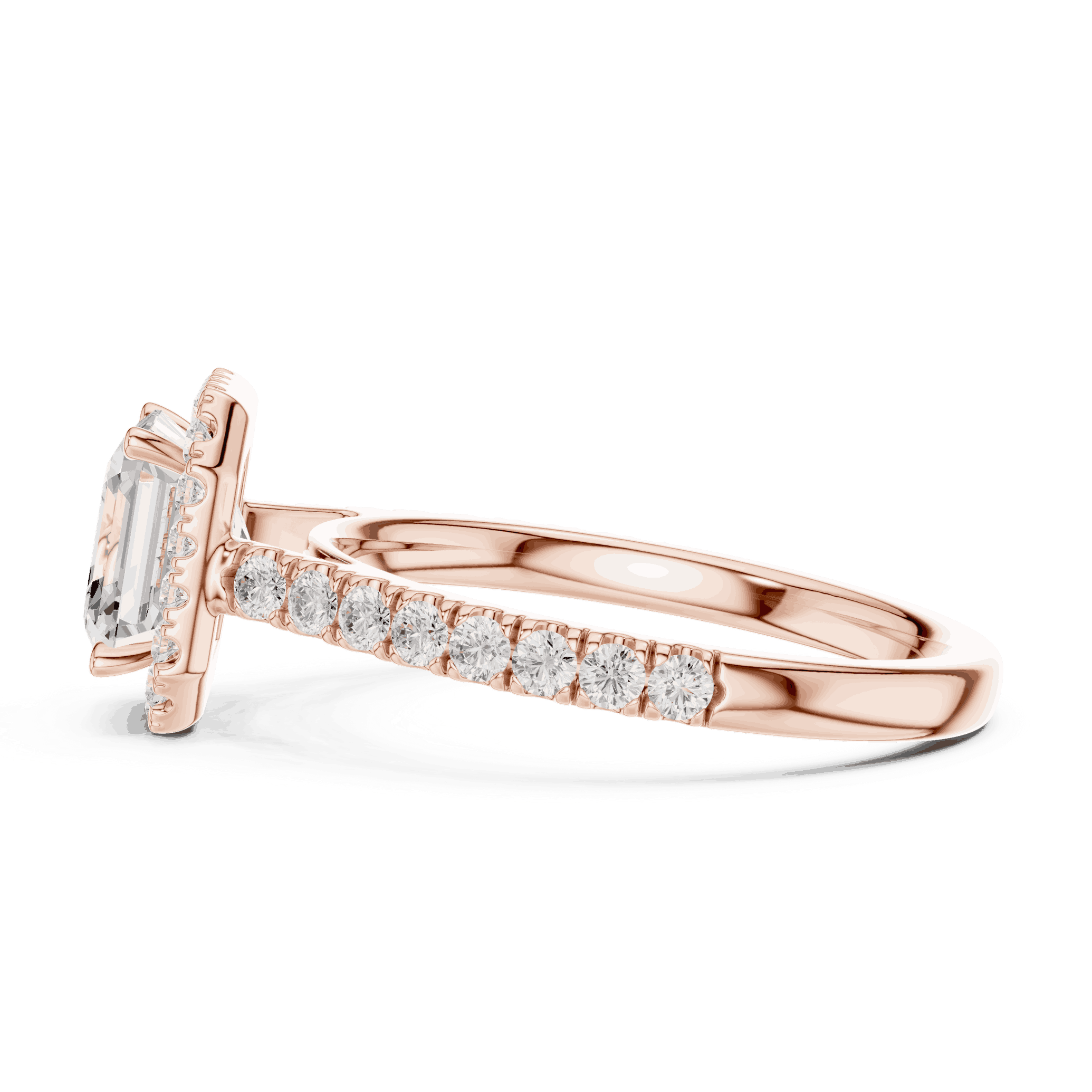Side Profile: Asscher Cut Diamond Halo Engagement Ring with Pavé Band in 18K Rose Gold – Lab Grown – Driona Jewels