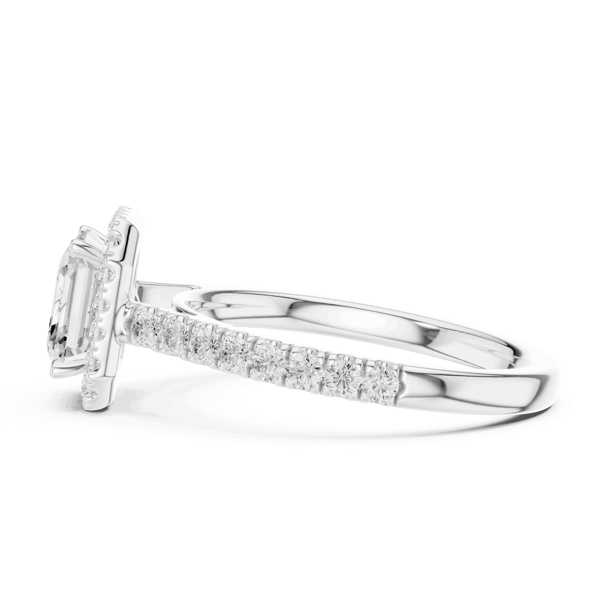 Three-Quarter View: Asscher Cut Diamond Halo Engagement Ring with Pavé Band in 18K Rose Gold – Lab Grown – Driona Jewels