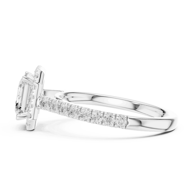 Three-Quarter View: Asscher Cut Diamond Halo Engagement Ring with Pavé Band in 18K Rose Gold – Lab Grown – Driona Jewels