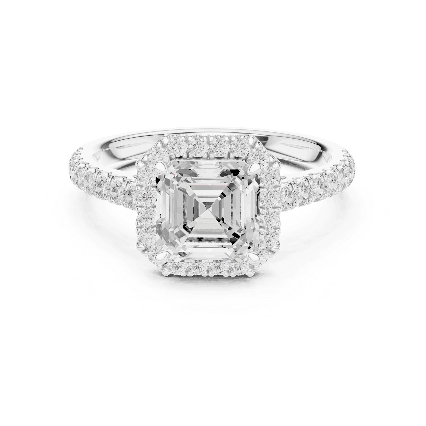Front View: Asscher Cut Diamond Halo Engagement Ring with Pavé Band in 18K White Gold – Lab Grown – Driona Jewels