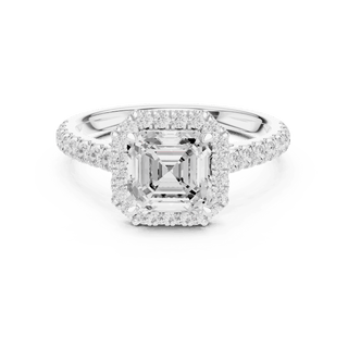 Front View: Asscher Cut Diamond Halo Engagement Ring with Pavé Band in 18K White Gold – Lab Grown – Driona Jewels