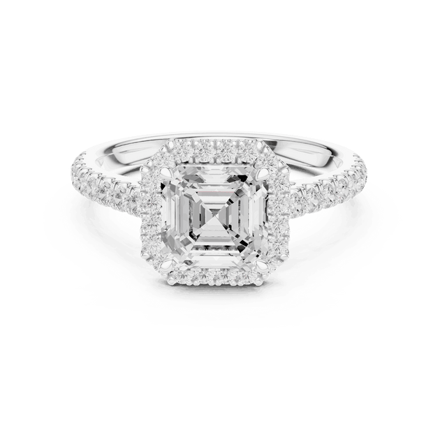 Front View: Asscher Cut Diamond Halo Engagement Ring with Pavé Band in 18K White Gold – Lab Grown – Driona Jewels