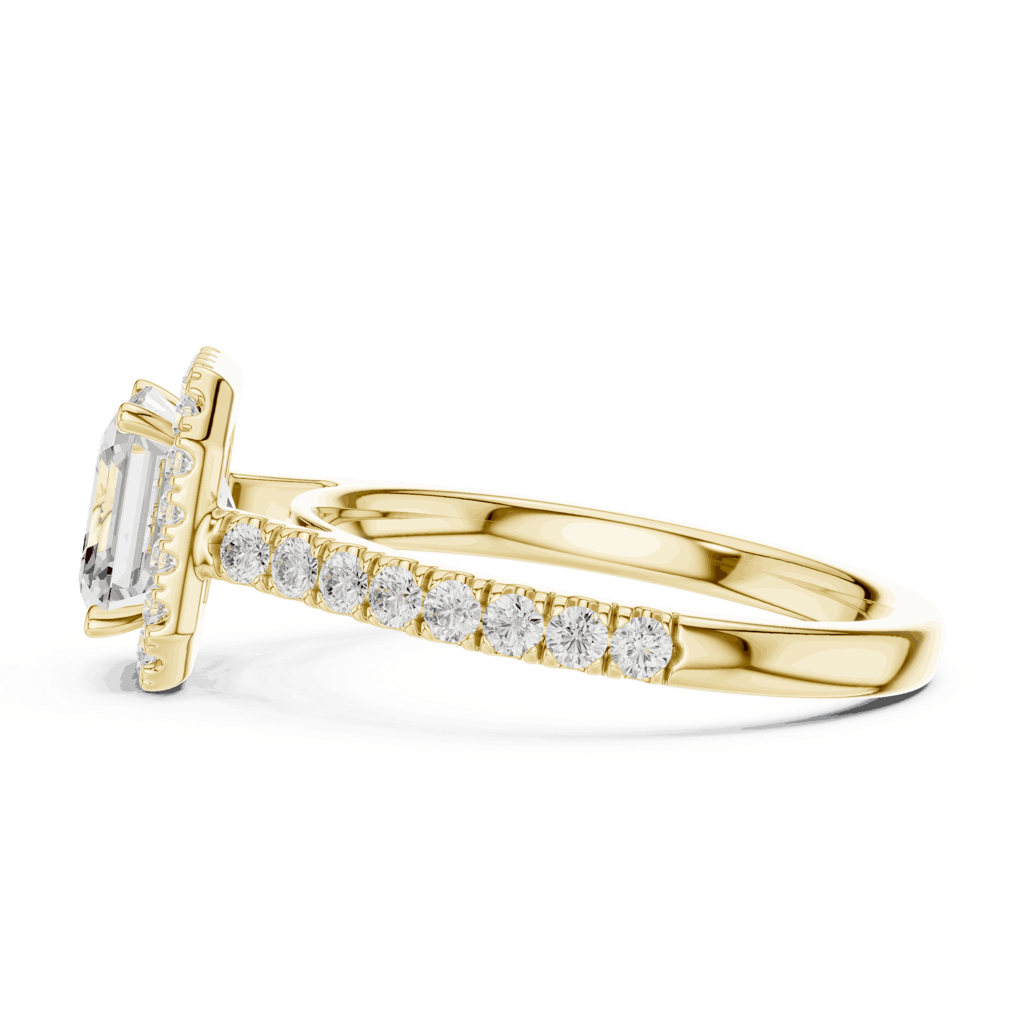 Side Profile: Asscher Cut Diamond Halo Engagement Ring with Pavé Band in 18K White Gold – Lab Grown – Driona Jewels