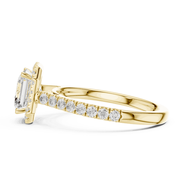 Side Profile: Asscher Cut Diamond Halo Engagement Ring with Pavé Band in 18K White Gold – Lab Grown – Driona Jewels