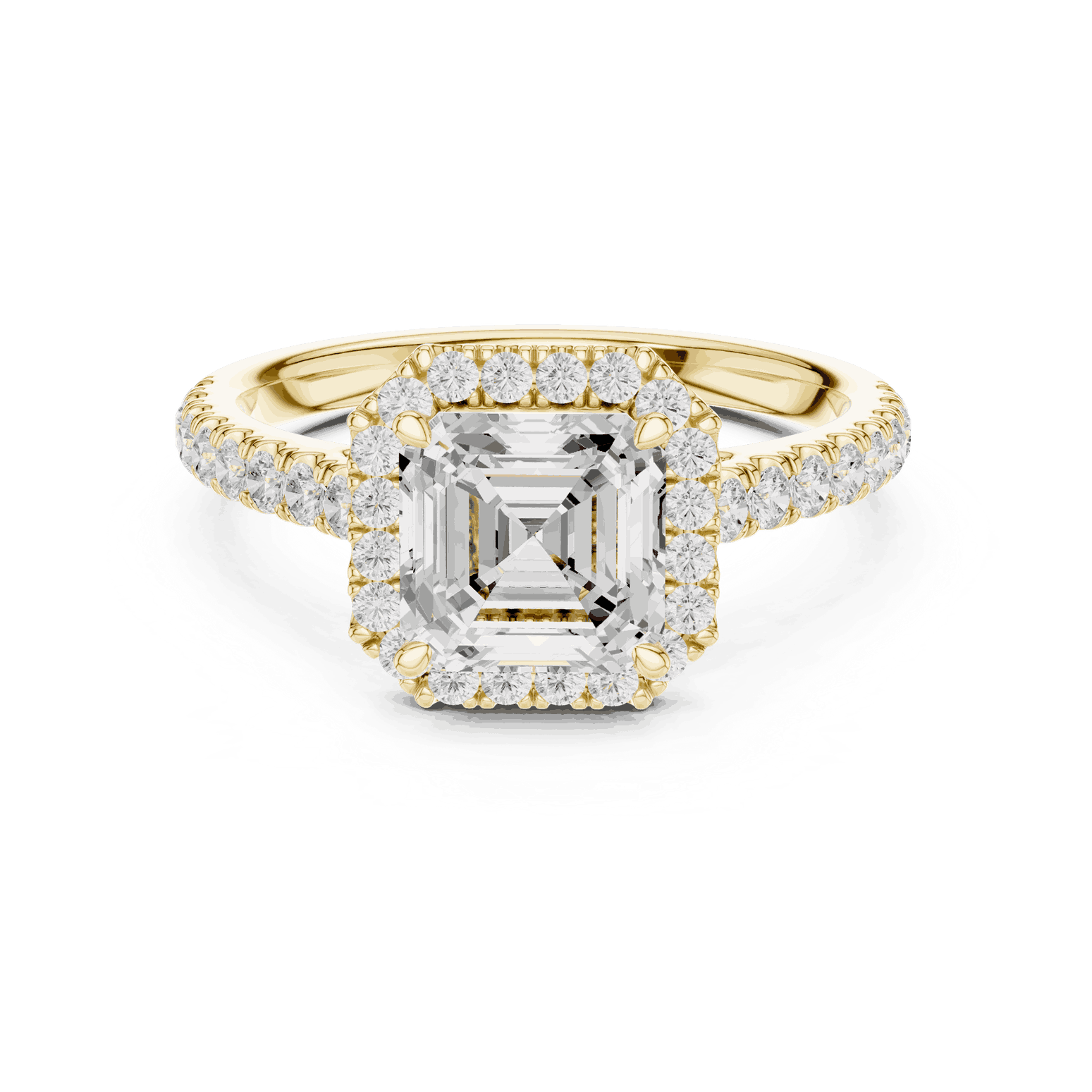 Three-Quarter View: Asscher Cut Diamond Halo Engagement Ring with Pavé Band in 18K White Gold – Lab Grown – Driona Jewels