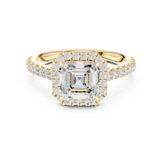 Three-Quarter View: Asscher Cut Diamond Halo Engagement Ring with Pavé Band in 18K White Gold – Lab Grown – Driona Jewels