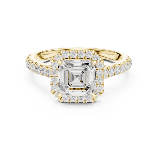 Three-Quarter View: Asscher Cut Diamond Halo Engagement Ring with Pavé Band in 18K White Gold – Lab Grown – Driona Jewels
