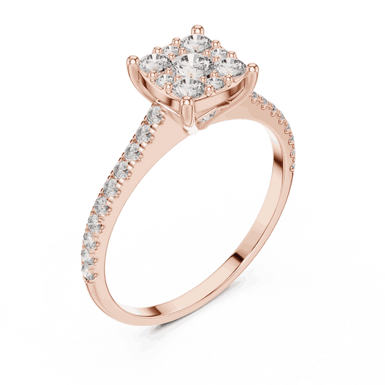 Angle View: Cushion Diamond Cluster Illusion Engagement Ring with Pavé Band in 18K Rose Gold – Lab Grown – Driona Jewels