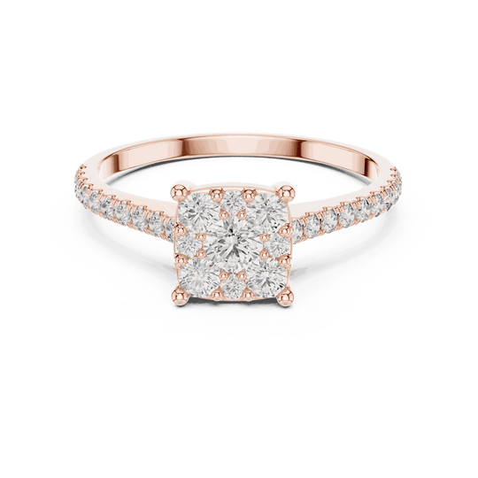 Front View: Cushion Diamond Cluster Illusion Engagement Ring with Pavé Band in 18K Rose Gold – Lab Grown – Driona Jewels