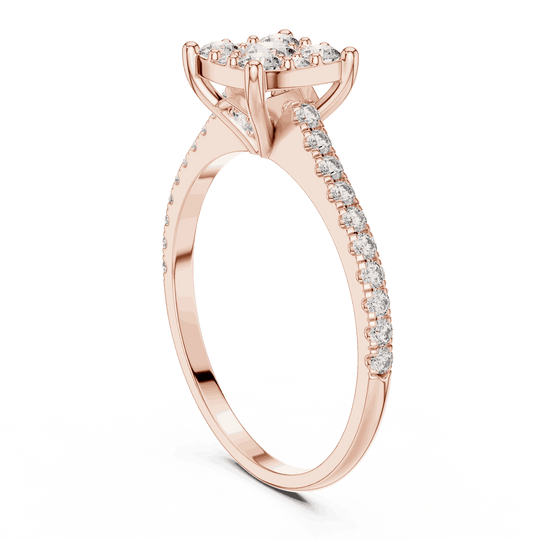 Three-Quarter View: Cushion Diamond Cluster Illusion Engagement Ring with Pavé Band in 18K Rose Gold – Lab Grown – Driona Jewels