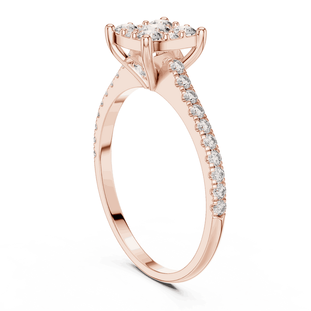 Three-Quarter View: Cushion Diamond Cluster Illusion Engagement Ring with Pavé Band in 18K Rose Gold – Lab Grown – Driona Jewels