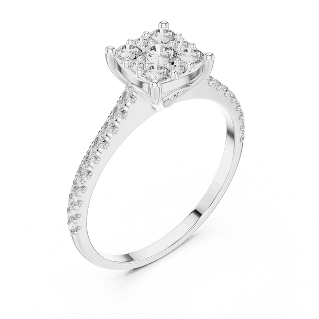 Angle View: Cushion Diamond Cluster Illusion Engagement Ring with Pavé Band in 18K White Gold – Lab Grown – Driona Jewels