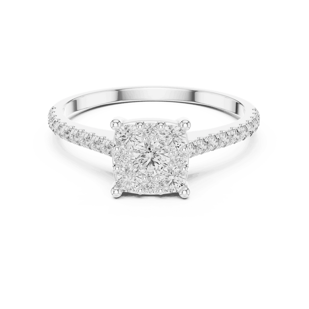 Front View: Cushion Diamond Cluster Illusion Engagement Ring with Pavé Band in 18K White Gold – Lab Grown – Driona Jewels