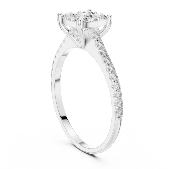 Three-Quarter View: Cushion Diamond Cluster Illusion Engagement Ring with Pavé Band in 18K White Gold – Lab Grown – Driona Jewels