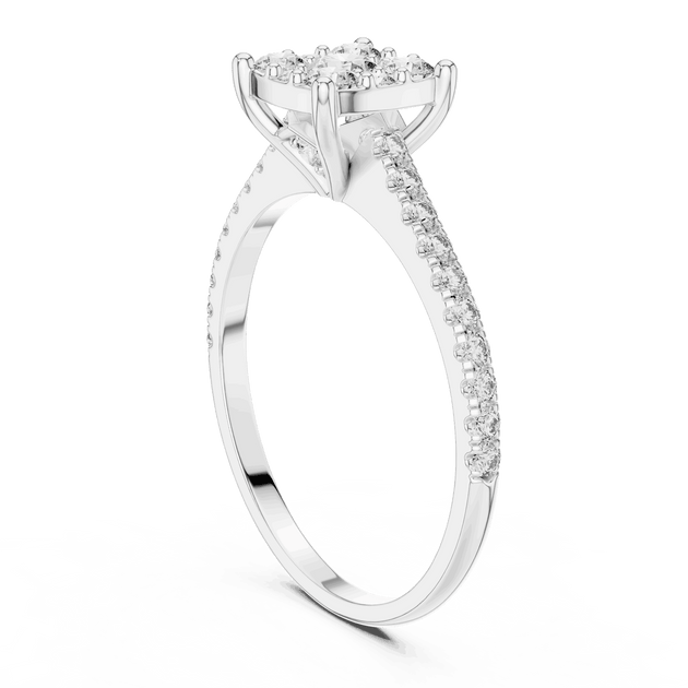 Three-Quarter View: Cushion Diamond Cluster Illusion Engagement Ring with Pavé Band in 18K White Gold – Lab Grown – Driona Jewels