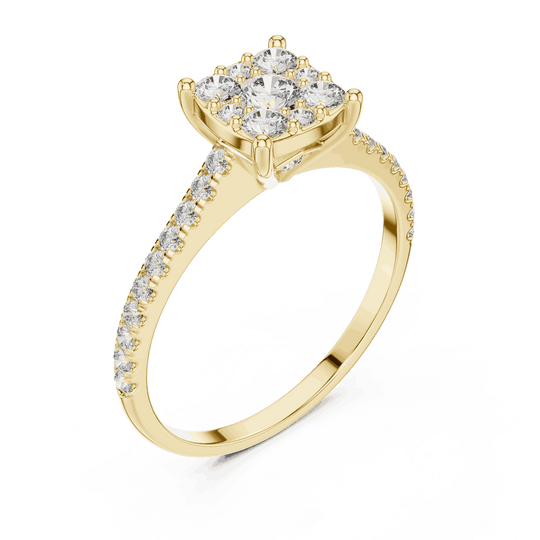 Angle View: Cushion Diamond Cluster Illusion Engagement Ring with Pavé Band in 18K Yellow Gold – Lab Grown – Driona Jewels