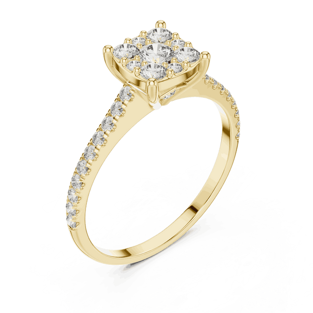 Angle View: Cushion Diamond Cluster Illusion Engagement Ring with Pavé Band in 18K Yellow Gold – Lab Grown – Driona Jewels