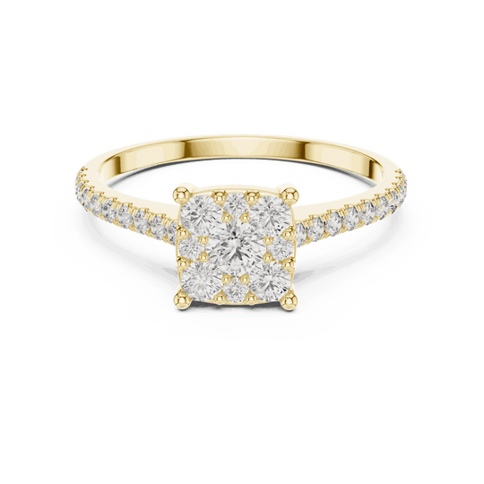 Front View: Cushion Diamond Cluster Illusion Engagement Ring with Pavé Band in 18K Yellow Gold – Lab Grown – Driona Jewels