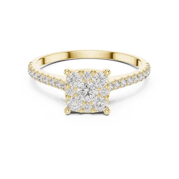 Front View: Cushion Diamond Cluster Illusion Engagement Ring with Pavé Band in 18K Yellow Gold – Lab Grown – Driona Jewels