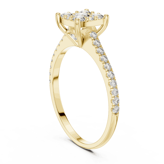 Three-Quarter View: Cushion Diamond Cluster Illusion Engagement Ring with Pavé Band in 18K Yellow Gold – Lab Grown – Driona Jewels