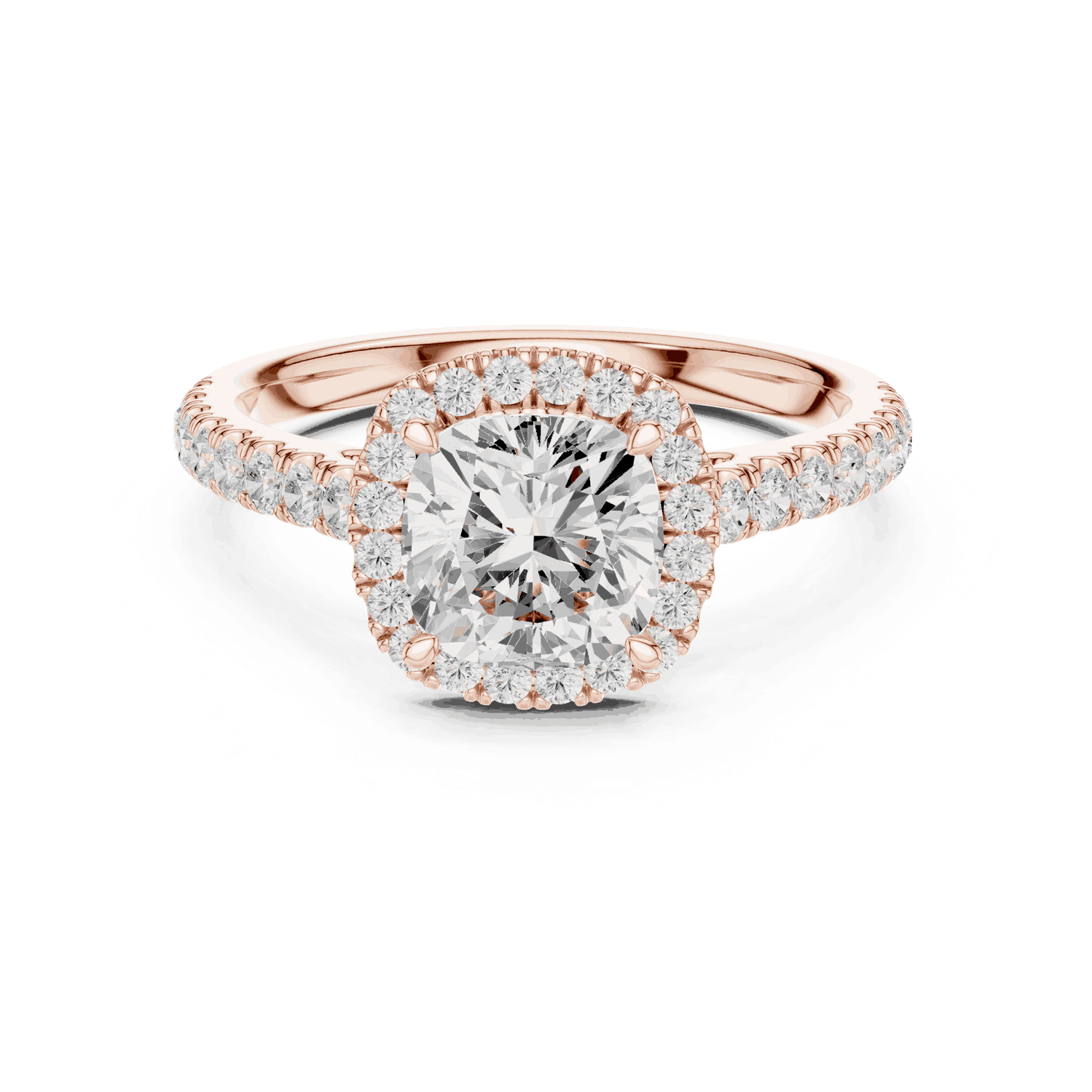 Front View: Cushion Diamond Halo Engagement Ring with Pavé Band in 18K Rose Gold – Lab Grown – Driona Jewels