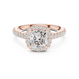 Front View: Cushion Diamond Halo Engagement Ring with Pavé Band in 18K Rose Gold – Lab Grown – Driona Jewels
