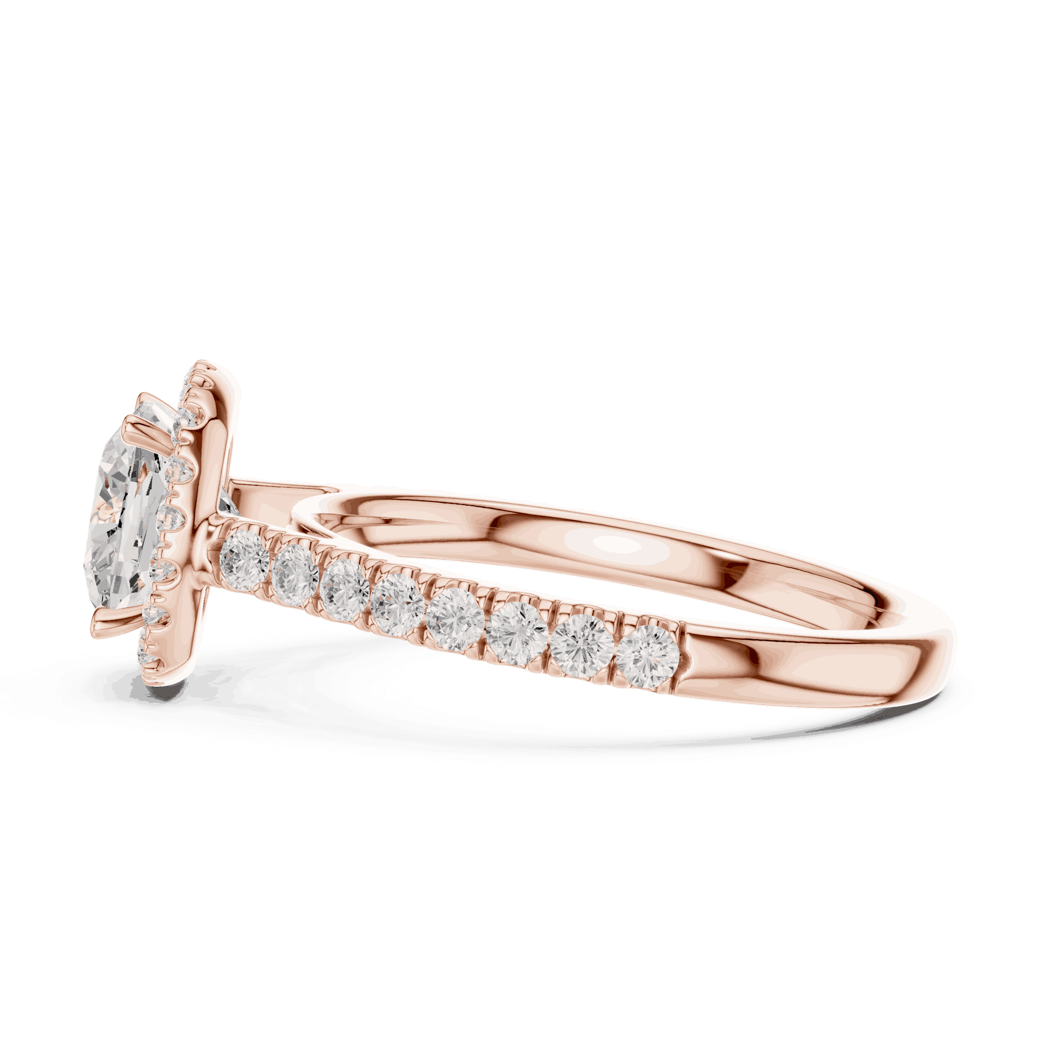 Side Profile: Cushion Diamond Halo Engagement Ring with Pavé Band in 18K Rose Gold – Lab Grown – Driona Jewels