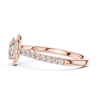 Side Profile: Cushion Diamond Halo Engagement Ring with Pavé Band in 18K Rose Gold – Lab Grown – Driona Jewels