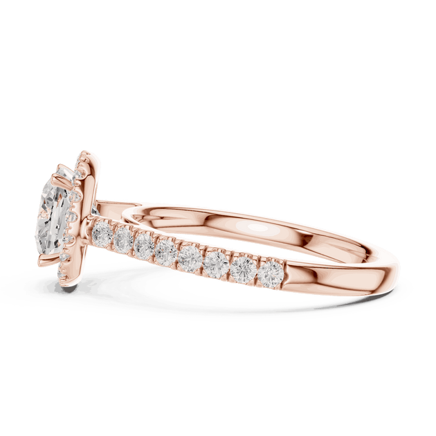 Side Profile: Cushion Diamond Halo Engagement Ring with Pavé Band in 18K Rose Gold – Lab Grown – Driona Jewels