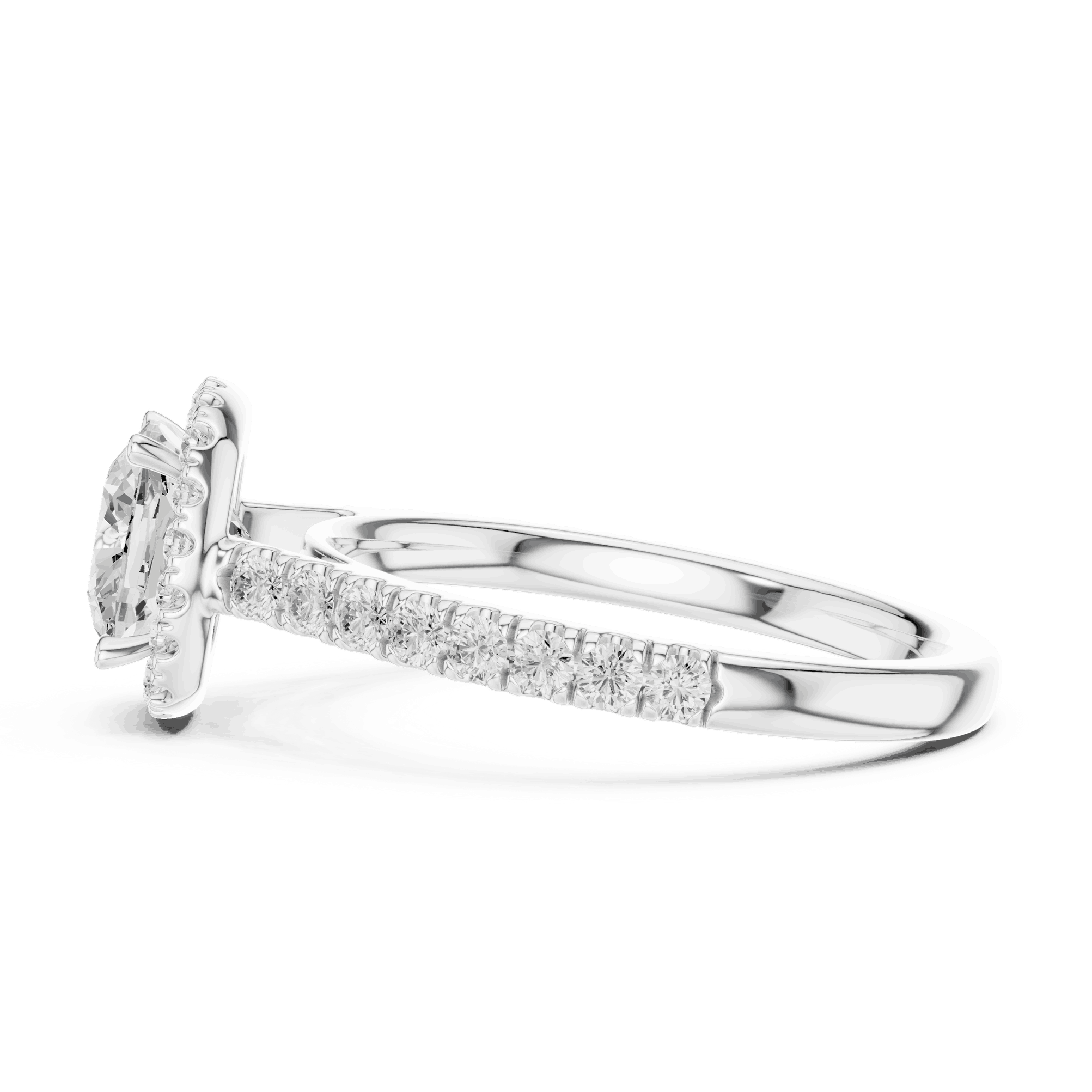 Three-Quarter View: Cushion Diamond Halo Engagement Ring with Pavé Band in 18K Rose Gold – Lab Grown – Driona Jewels