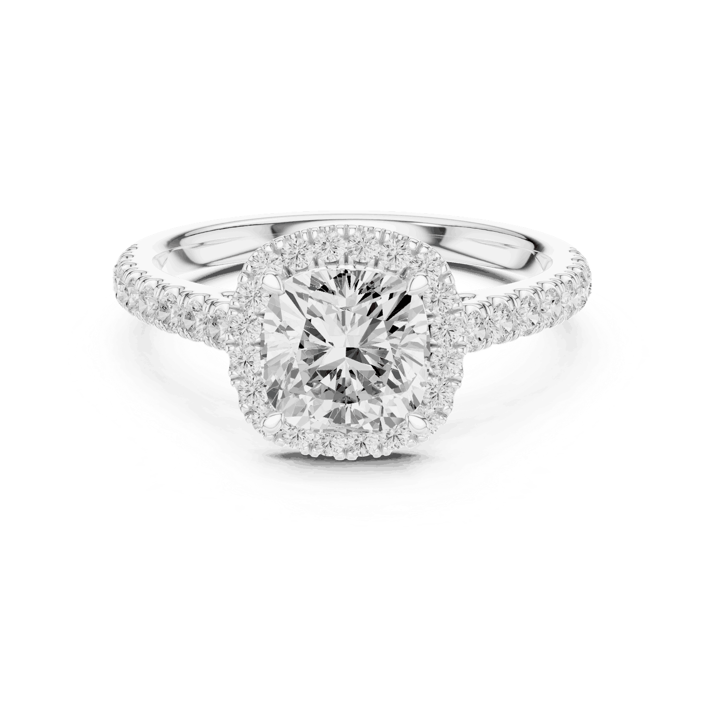 Front View: Cushion Diamond Halo Engagement Ring with Pavé Band in 18K White Gold – Lab Grown – Driona Jewels