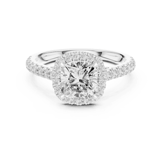 Front View: Cushion Diamond Halo Engagement Ring with Pavé Band in 18K White Gold – Lab Grown – Driona Jewels