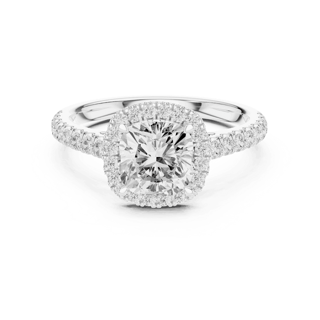 Front View: Cushion Diamond Halo Engagement Ring with Pavé Band in 18K White Gold – Lab Grown – Driona Jewels