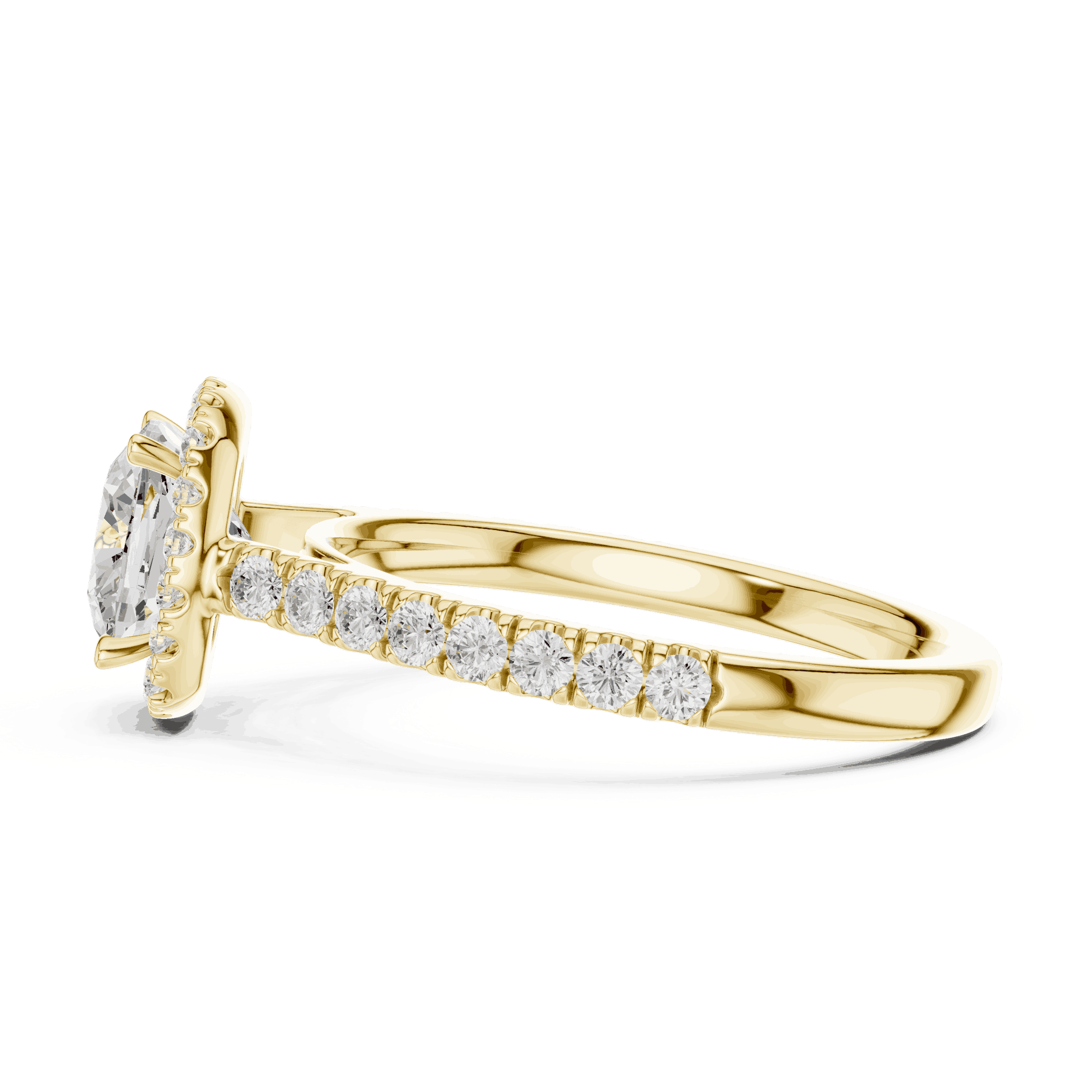 Side Profile: Cushion Diamond Halo Engagement Ring with Pavé Band in 18K White Gold – Lab Grown – Driona Jewels