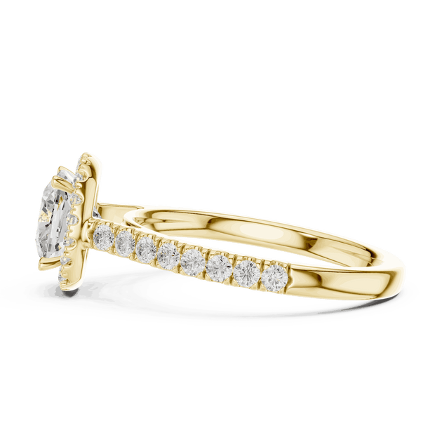 Side Profile: Cushion Diamond Halo Engagement Ring with Pavé Band in 18K White Gold – Lab Grown – Driona Jewels