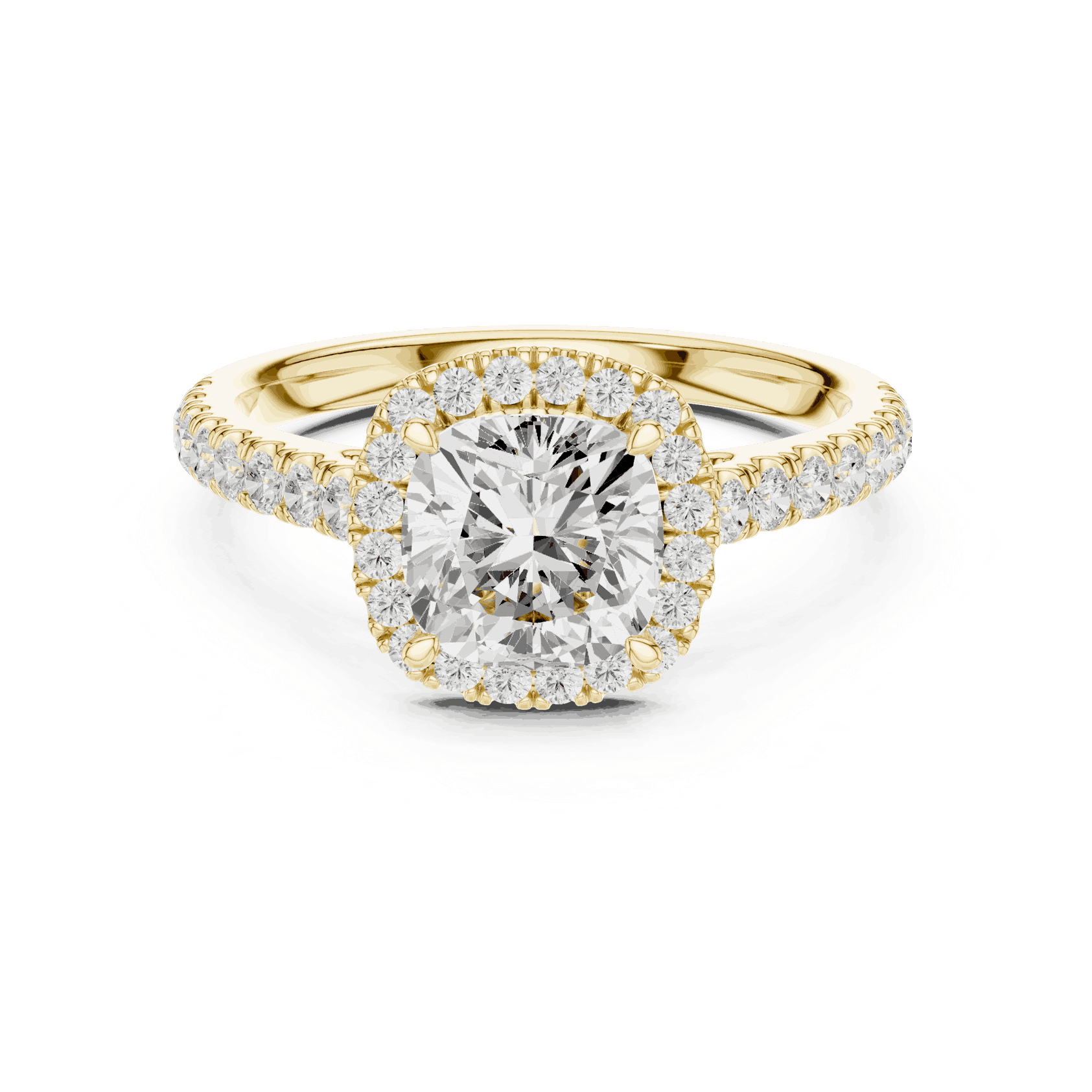 Three-Quarter View: Cushion Diamond Halo Engagement Ring with Pavé Band in 18K White Gold – Lab Grown – Driona Jewels